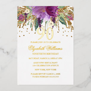GOLD FOLIE Bloem Glitter Amethist 90ste Verjaardag Uitnodiging