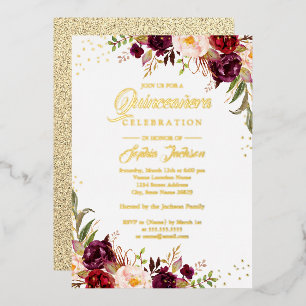GOLD FOLIE Bloemrijke Burgundy Gouden Quinceanera Uitnodiging