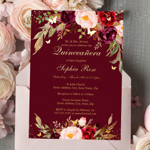GOLD FOLIE Bourgondië Blush Bloem Quinceanera Uitnodiging