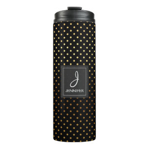 Gold Folie en Zwarte Polka Dot Patroon Monogram Thermosbeker