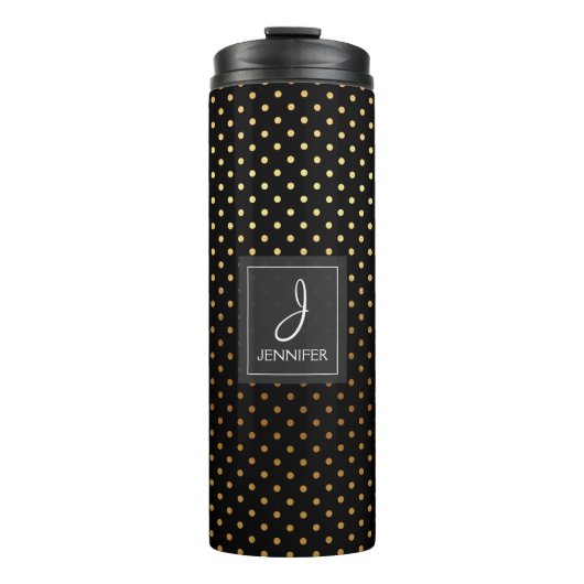 Gold Folie en Zwarte Polka Dot Patroon Monogram Thermosbeker (Voorkant)