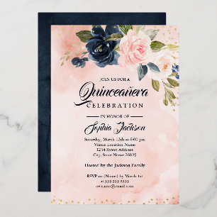 GOLD FOLIE Navy Blush Roze Bloemige Quinceanera Uitnodiging