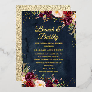 GOLD FOLIE Navy Bourgondië Bloemige Brunch En Bubb Uitnodiging