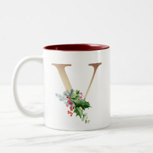 Gold Folie V Monogram Pine & Berry Kerstmis Tweekleurige Koffiemok