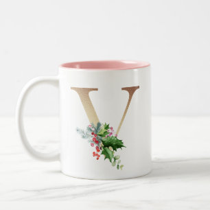 Gold Folie V Monogram Pine & Berry Kerstmis Tweekleurige Koffiemok