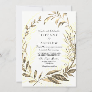 Gold Forest Leaf Wreath Elegant Wedding Invitation Kaart