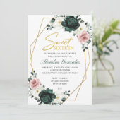 Gold frame emerald green floral Sweet 16 invite Kaart (Staand voorkant)