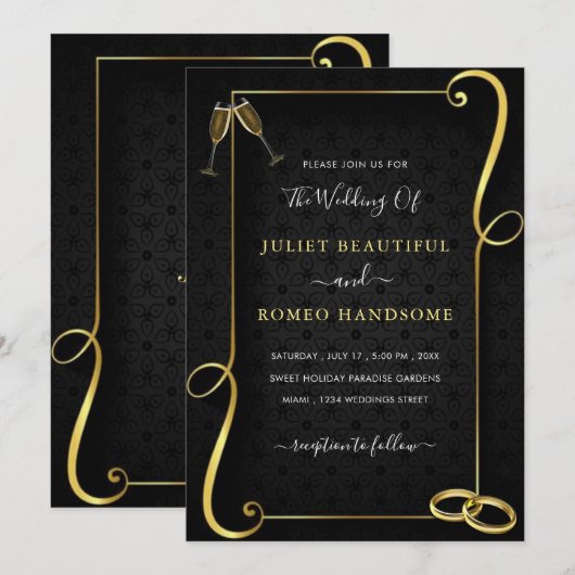 Gold Frame Golden Black Elegant Wedding Invitation (Devant / Derrière)