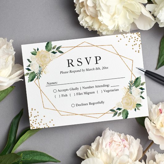 Gold Frame Green Ivory Floral Wedding RSVP Réponse