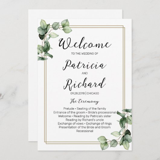 Gold Frame Green Mariage Ceremony Programme (Devant / Derrière)