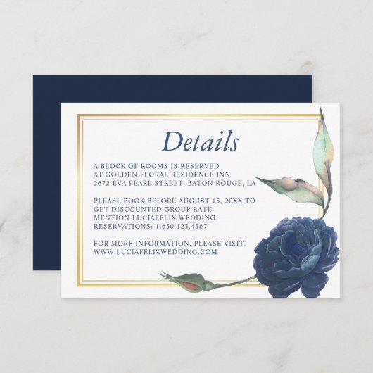 Gold Frame Navy Blue Rose Mariage carte de détail (Devant / Derrière)