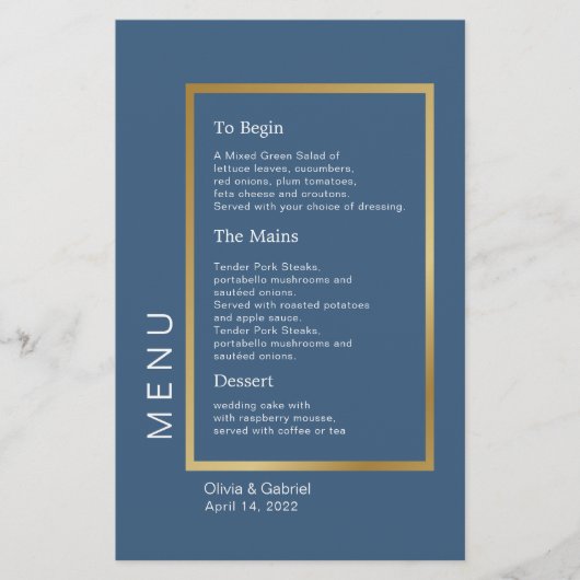 Gold Frame Simple élégant menu mariage bleu classe (Devant)