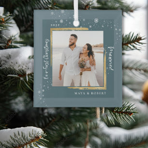 Gold Framed Photo Our First Christmas Married Glas Ornament