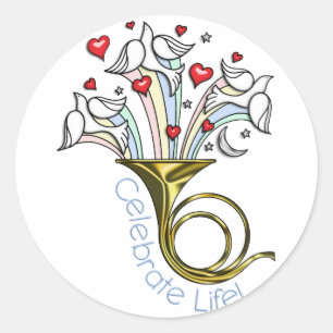 Gold French Horn, Doves, Hearts, Celebrate Life Ronde Sticker