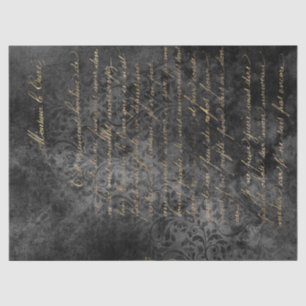 Gold French Script op Distsed Grey Decoupage Tissuepapier