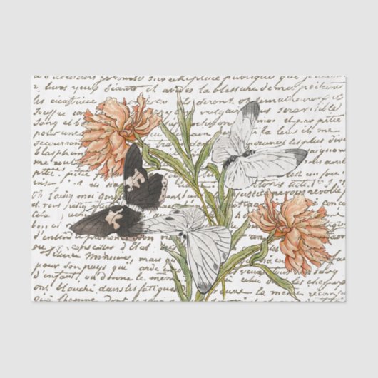 Gold French Script Peony Butterfly Floral  Tissuepapier (Voorkant)
