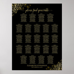 Gold Frills 23 Table Wedding Seating Chart Black Poster