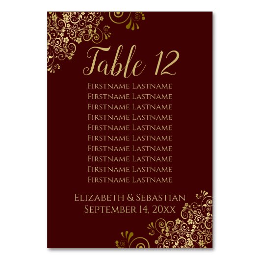 Gold Frills Auburn Brown Wedding Seding Chart Kaart (Voorkant)