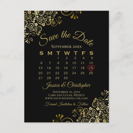 Gold Frills Black Wedding Save the Date Calendar Aankondigingskaart (Voorkant)