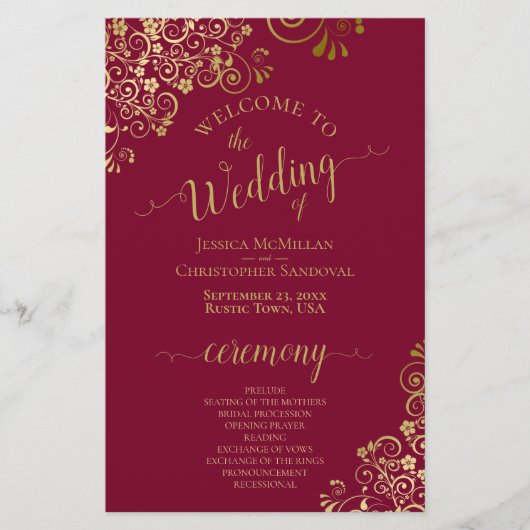 Gold Frills Burgundy Maroon Programme de mariage b (Devant)