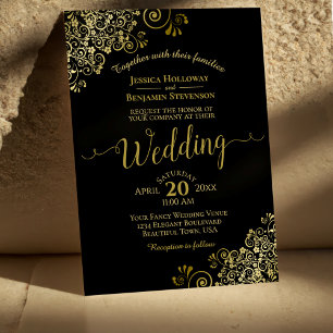 Gold Frills Elegant Black Wedding Kaart