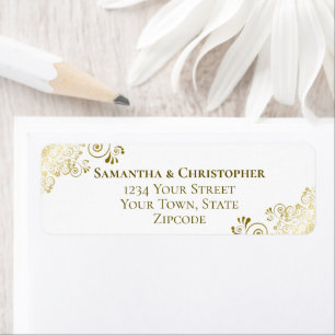Gold Frills Elegant White Wedding Return Address Etiket