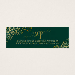 Gold Frills Emerald Green Wedding RSVP Online Card Mini Visitekaartjes