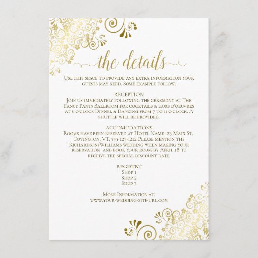 Gold Frills legant Gold op White Wedding Details Informatiekaartje (Voorkant)