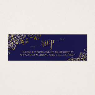 Gold Frills & Navy Blue Wedding RSVP Online Card Mini Visitekaartjes
