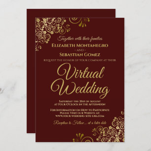 Gold Frills op Burgundy Elegant Virtual Wedding Kaart