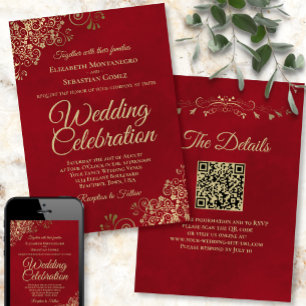 Gold Frills op Crimson Red Elegant QR Code Weddens Kaart