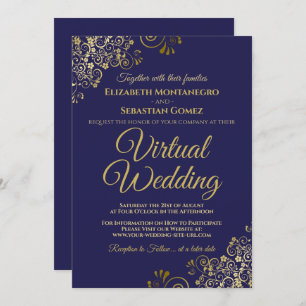 Gold Frills op Navy Blue Elegant Virtual Wedding Kaart