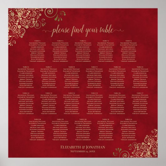 Gold Frills op Red 22 Table Wedding Seating Chart Poster (Voorkant)