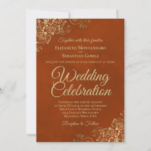 Gold Frills op Rust Oranje Elegant QR Code Weddens Kaart