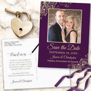 Gold Frills Photo Paars Save the Date Wedding Aankondigingskaart