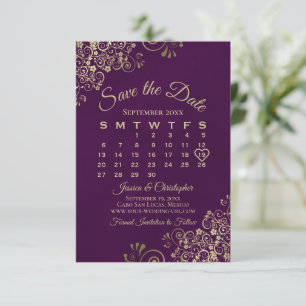 Gold Frills Plum Paarse Elegant Wedding Calendar Save The Date