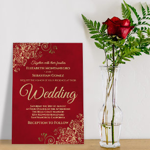 Gold Frills Simple Chic Elegant Red Wedding Kaart