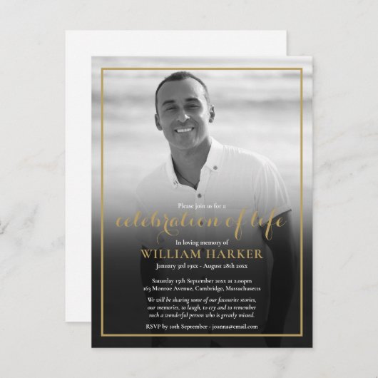 Gold Funeral Black and White Photo Invitation (Devant / Derrière)