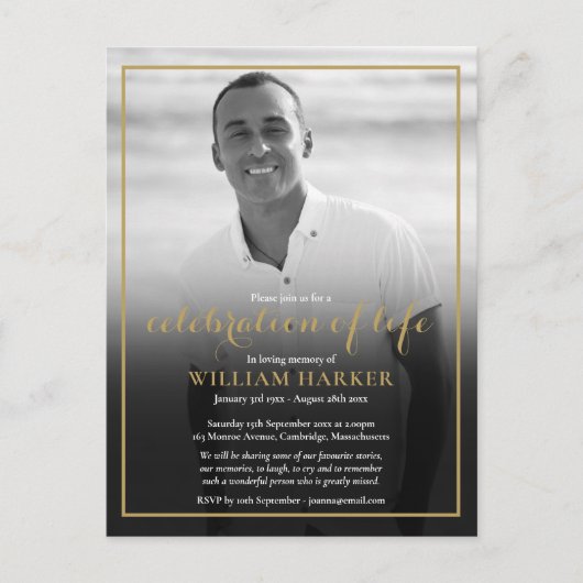 Gold Funeral Black and White Photo Invitation (Devant)