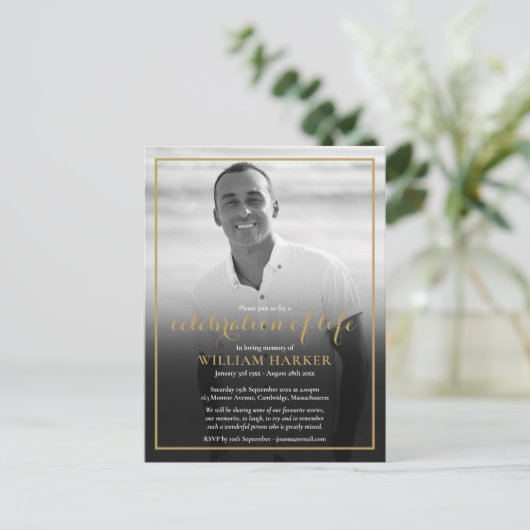 Gold Funeral Black and White Photo Invitation (Debout devant)