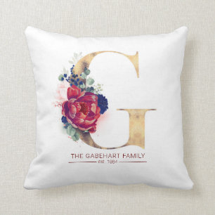 Gold G Monogram Floral Burgundy Red en Navy Blue Kussen