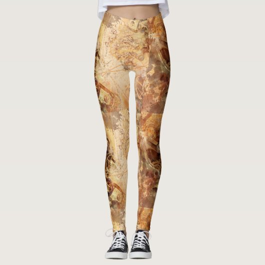 Gold Gears Mandala Celestial Steampunk Pattern Leggings (Voorkant)