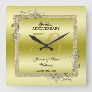 Gold Gem en Glitter 50th Golden Wedding Jubileum Vierkante Klok