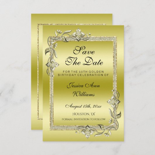 Gold Gem & Glitter 50th Golden Birthday Party Save The Date (Voorkant / Achterkant)