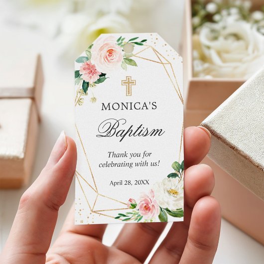 Gold Geometric Blush Floral Baptism & Christening Cadeaulabel