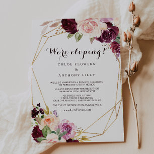 Gold Geometric Burgundy Floral Elopement Reception Kaart