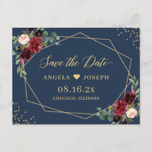 Gold Geometric Burgundy Navy Floral redt de datum Briefkaart