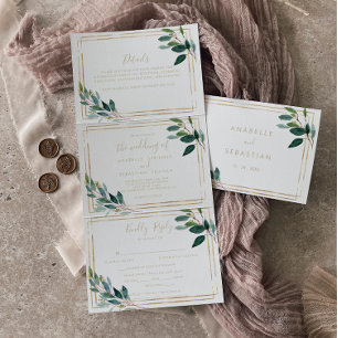 Gold Geometric Chic Eucalyptus Trifold Wedding Drieluik Uitnodiging