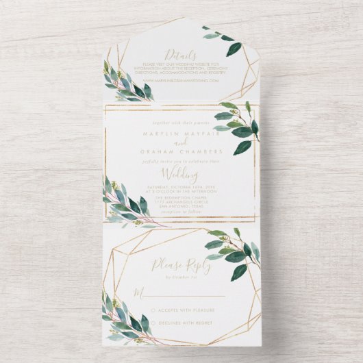 Gold Geometric Chic Eucalyptus Weddenschap All In One Uitnodiging (Binnen)