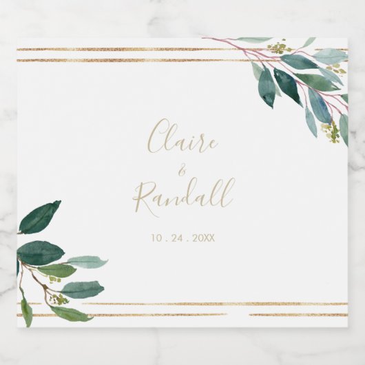 Gold Geometric Chic Eucalyptus Weddenschap Sparkling Wijnetiket (Enkel label)